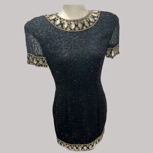 Vintage Lawrence Kazar Beaded Silk Dress Petite PM Black Gold Sequins Cocktail‎